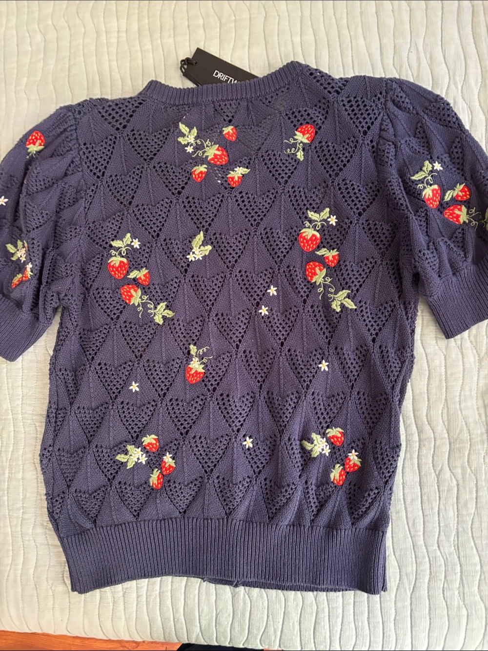 Driftwood All Cotton Knit Cardigan with Embroidered Red Strawberries Medium NWT - Picture 6 of 6